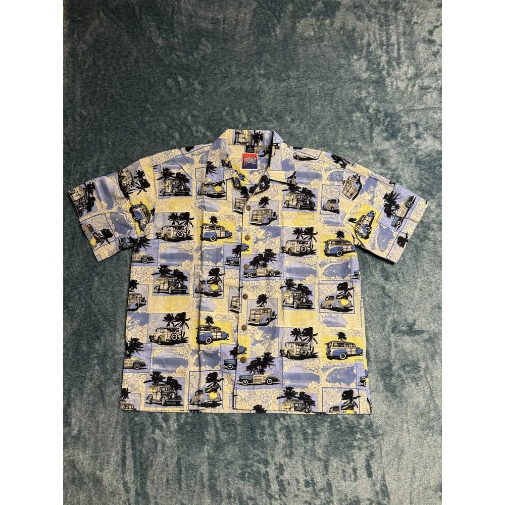 DenCrazy Hawaiian Shirt Men XL Blue Yellow Woody Wagon Palm Tree Tropical Cotton